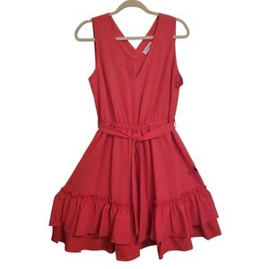 NWT CALVIN KLEIN Coral Red Sleeveless V-Neck Ruffle Midi Dress Elastic Waist NEW